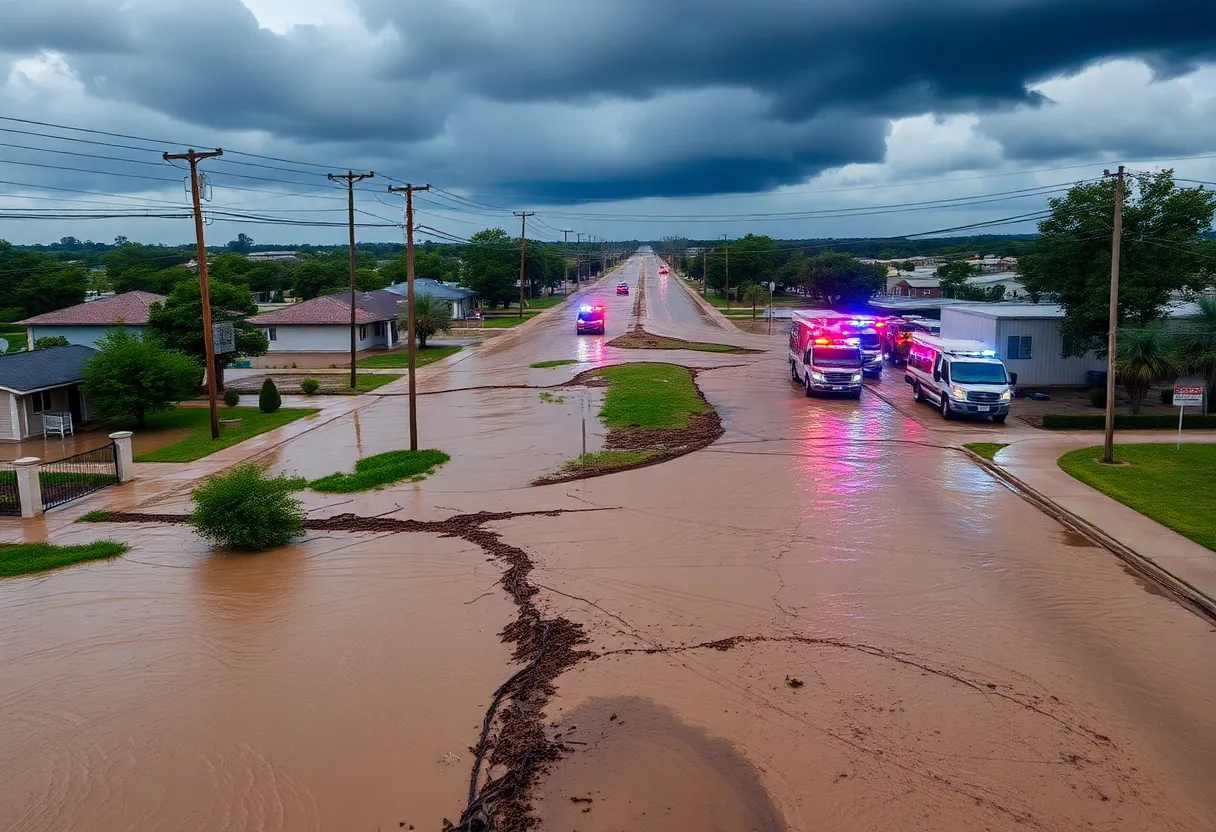 View of flash flooding in central Texas with emergency responders