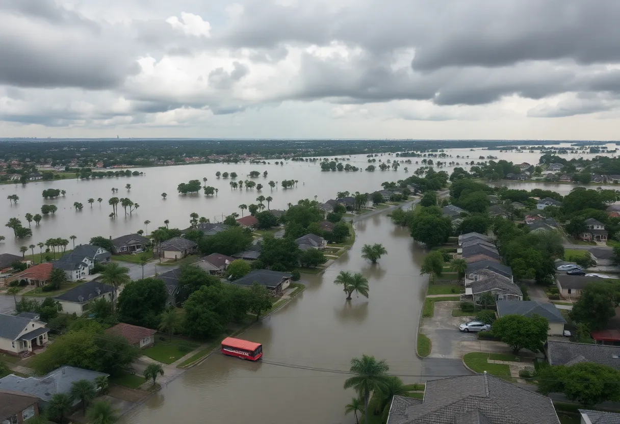 Rescue teams in flooded Texas neighborhoods assisting individuals affected by the disaster.