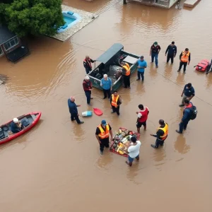 Emergency responders conducting rescue operations in a flooded area
