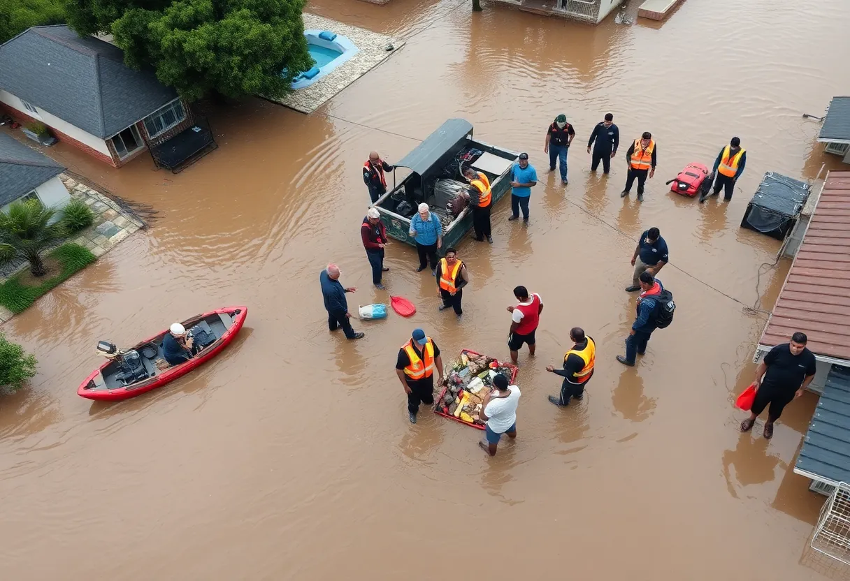 Emergency responders conducting rescue operations in a flooded area