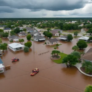 Aerial view of a flooded area in Texas showing emergency response teams rescuing affected residents.