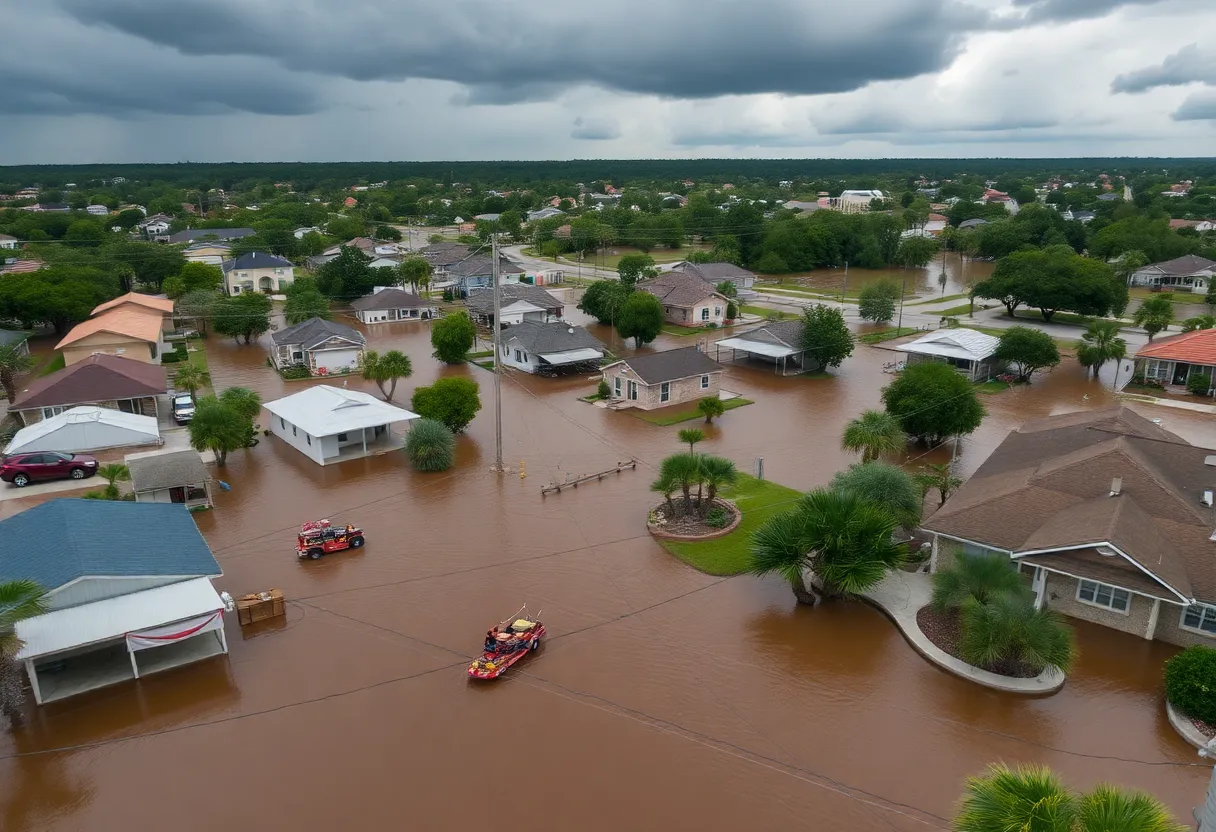 Aerial view of a flooded area in Texas showing emergency response teams rescuing affected residents.