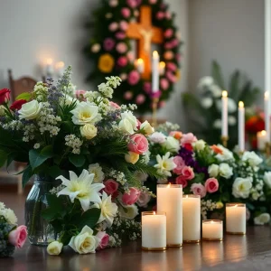 A peaceful funeral service setup with flowers and candles