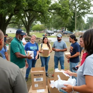 Volunteers distributing recovery kits in a flood-affected Texas community