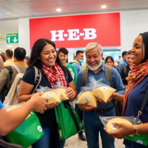 Travelers at San Antonio Airport receiving H-E-B tortillas