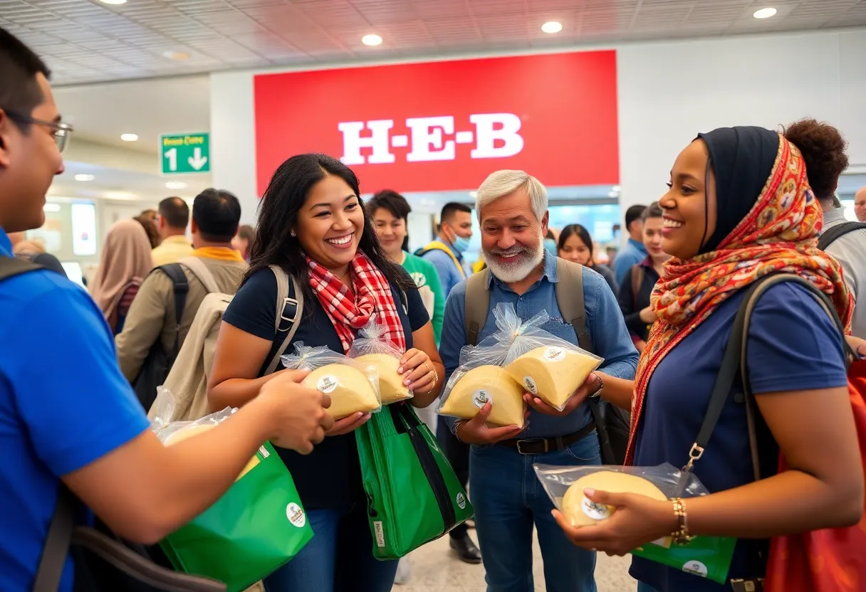 Travelers at San Antonio Airport receiving H-E-B tortillas