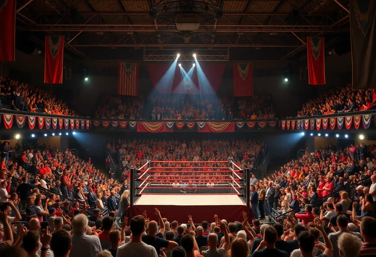 Arena filled with fans celebrating wrestling history