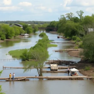 Volunteers and emergency personnel engaged in recovery efforts after flooding in Kerr County.