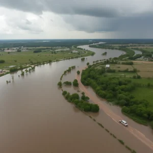 Aerial view of flooding in Kerr County, Texas.