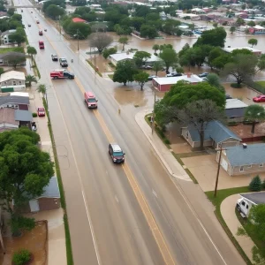 Aerial view of flooded Kerrville streets during emergency response.