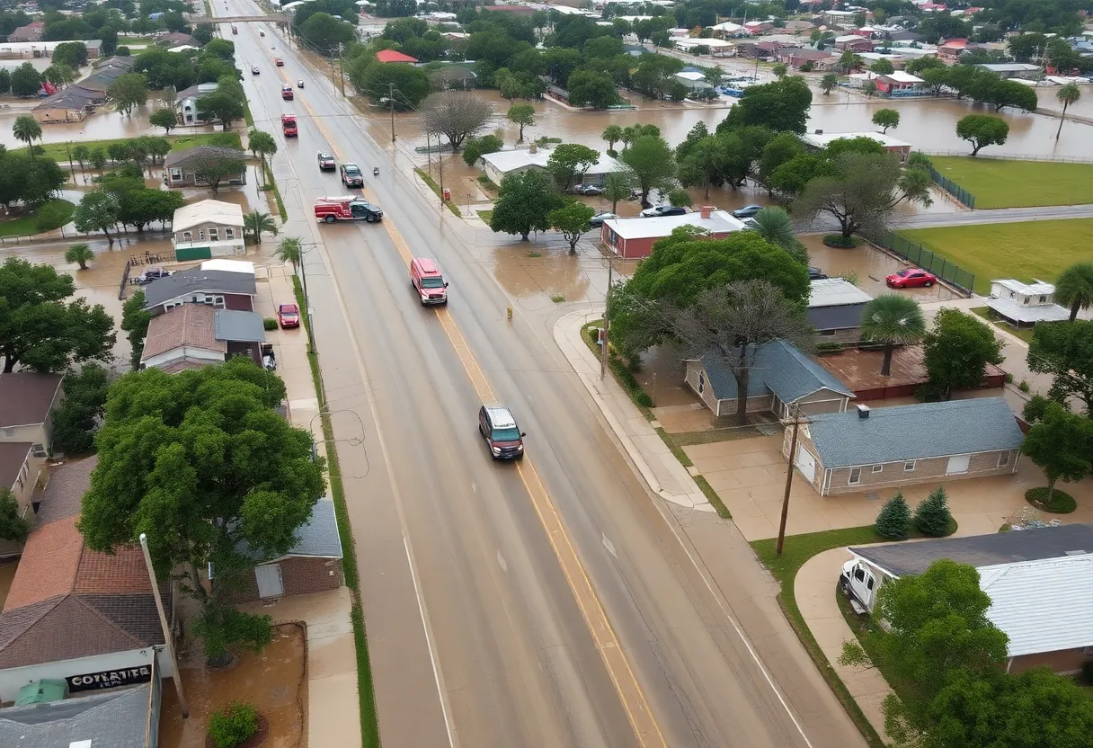 Aerial view of flooded Kerrville streets during emergency response.