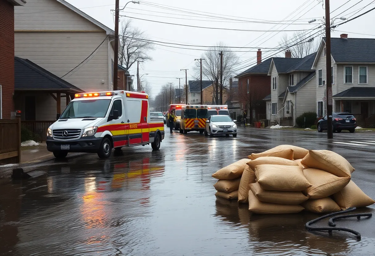 Flooded street in Kerrville with emergency personnel responding