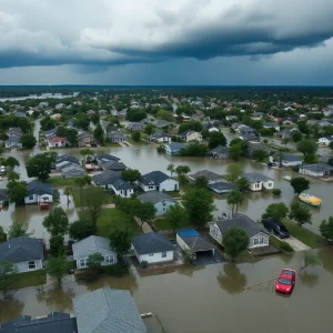 Aerial view of flooded neighborhoods in Kerrville, Texas, with rescue operations.