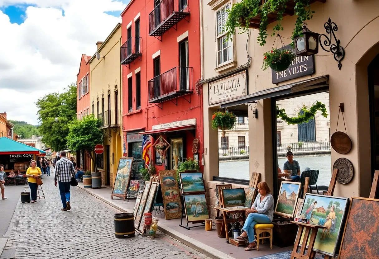 A lively shopping street in La Villita, San Antonio with cobblestone paths and colorful shops.