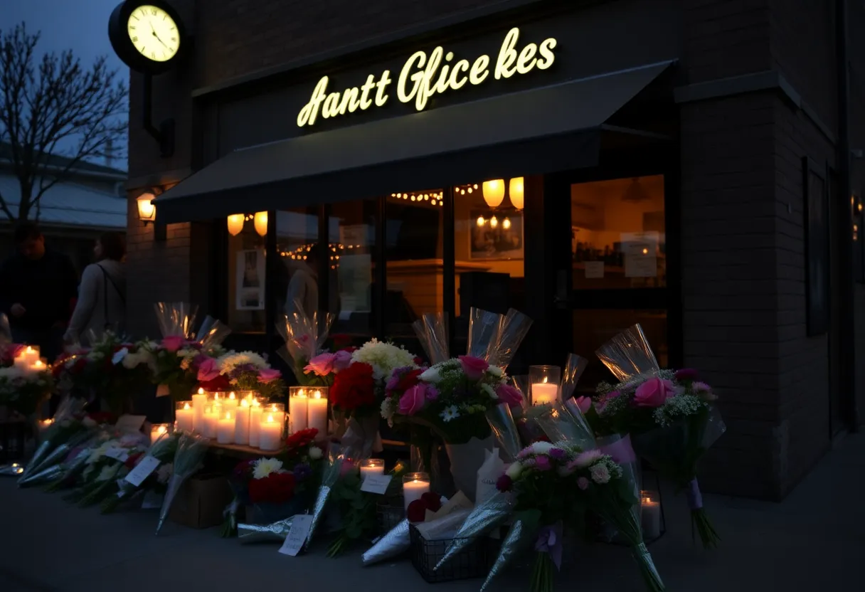 Vigil candles and flowers outside Las Palapas restaurant in memory of the founder.