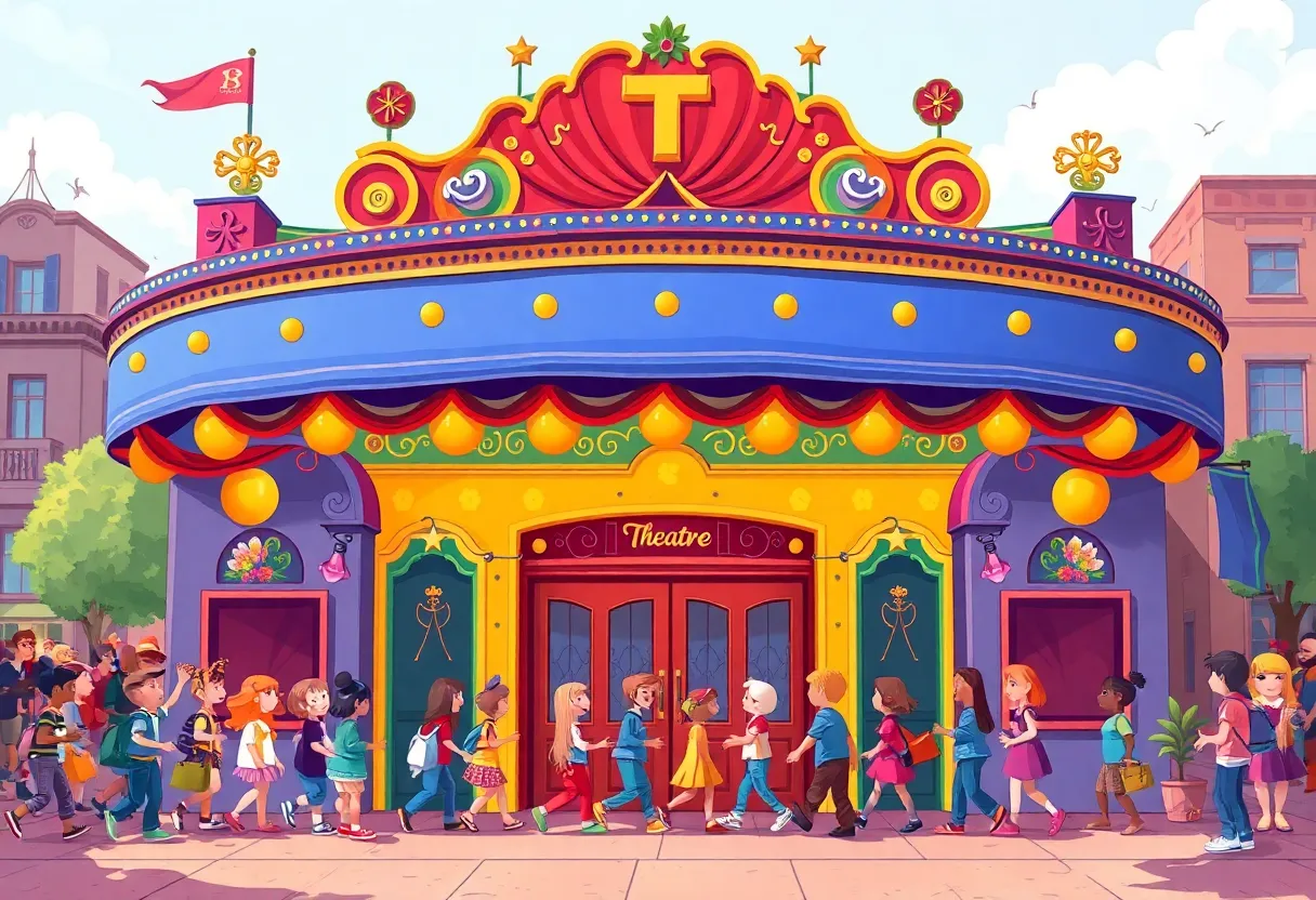 Magik Theatre facade with children arriving for a show