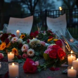 Memorial scene with flowers and candles for Ayden Rose Burt