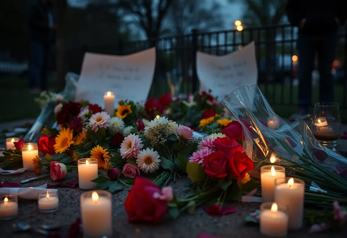 Memorial scene with flowers and candles for Ayden Rose Burt