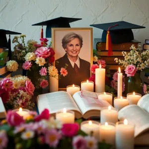 A peaceful memorial display for a respected educational leader with candles and flowers.