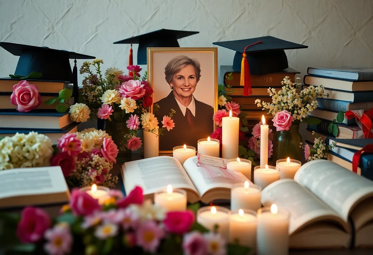 A peaceful memorial display for a respected educational leader with candles and flowers.