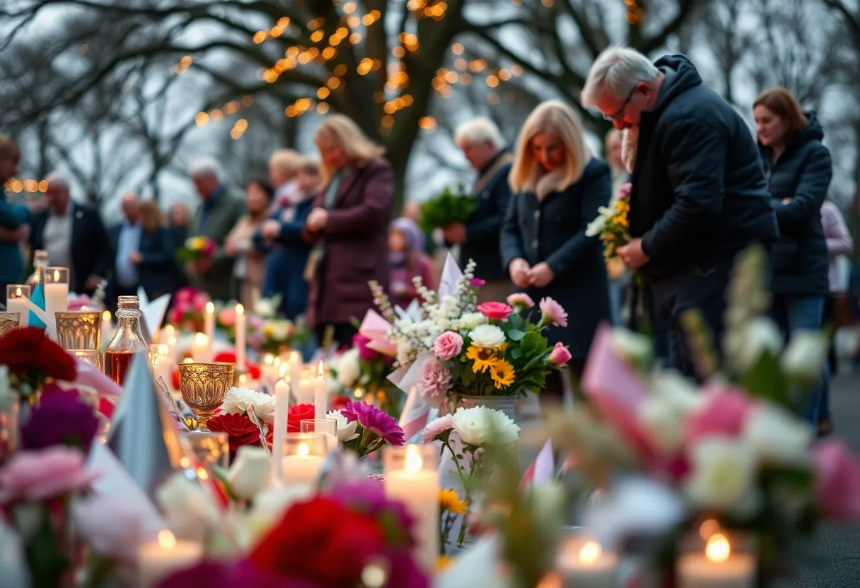 Memorial display honoring Tom Morton with flowers and candles