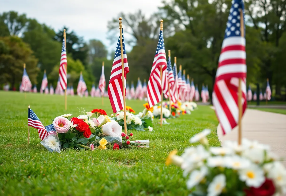 Memorial scene commemorating veterans with flowers and American flags