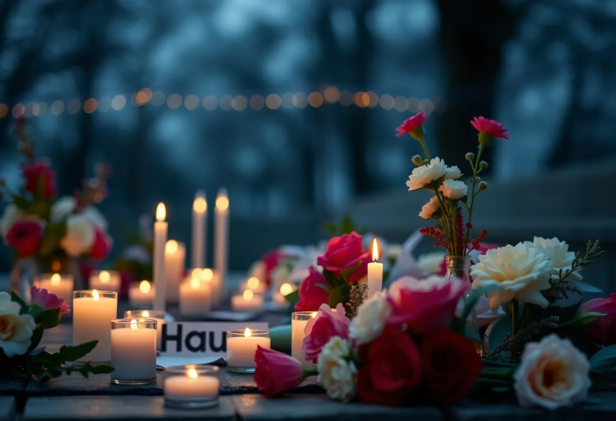 Candles and flowers at a memorial for a shooting victim
