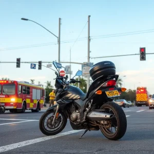 Scene of a motorcycle accident at an intersection in San Antonio, with vehicles and fire aftermath.