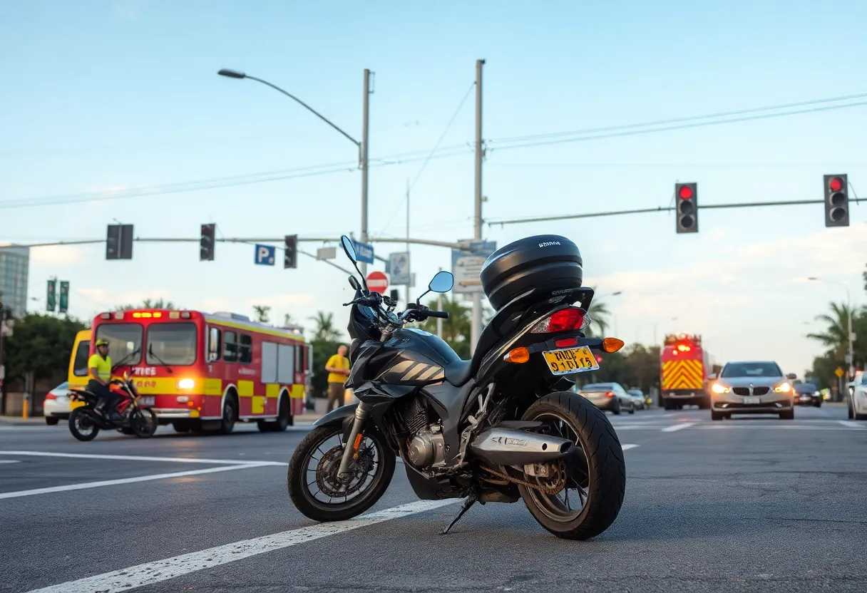 Scene of a motorcycle accident at an intersection in San Antonio, with vehicles and fire aftermath.