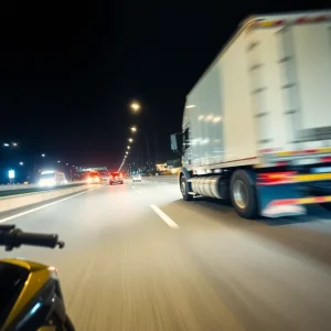 Highway night scene with motorcycle and truck