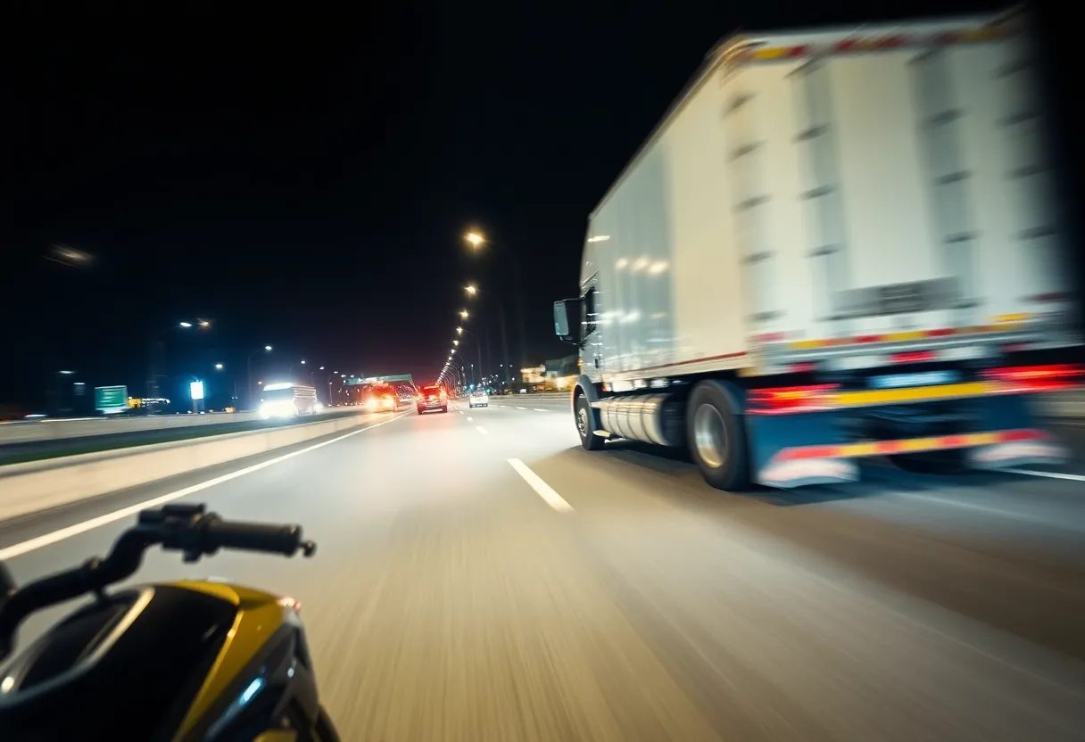 Highway night scene with motorcycle and truck
