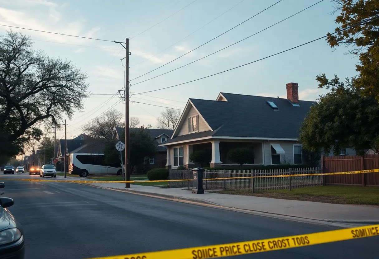 Police tape around a residence in San Antonio, indicating a crime scene investigation.