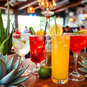Festive drinks and agave plants celebrating National Tequila Day