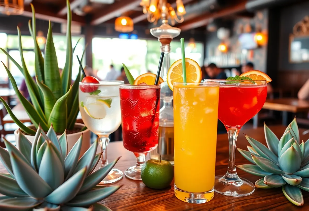 Festive drinks and agave plants celebrating National Tequila Day