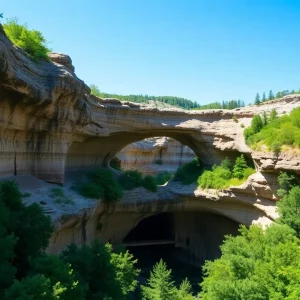 Entrance of Natural Bridge Caverns with limestone formations and greenery