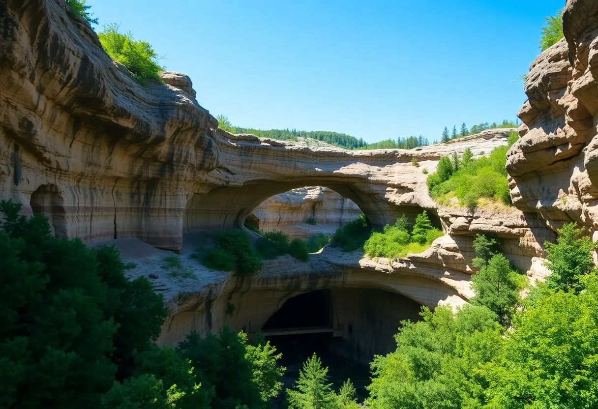 Entrance of Natural Bridge Caverns with limestone formations and greenery
