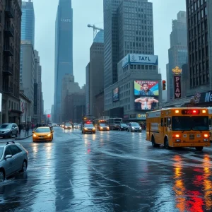 Flooded streets in New York City during heavy rainfall