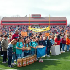 High school students and families at the Peanut Butter Bowl food donation event