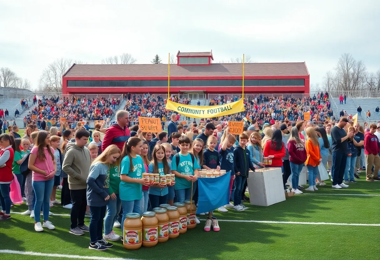 High school students and families at the Peanut Butter Bowl food donation event
