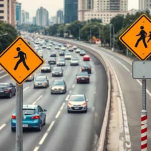 A busy Interstate 10 in San Antonio with traffic and pedestrian warning signs