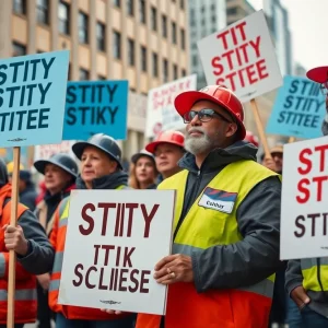Striking city workers in Philadelphia hold picket signs.