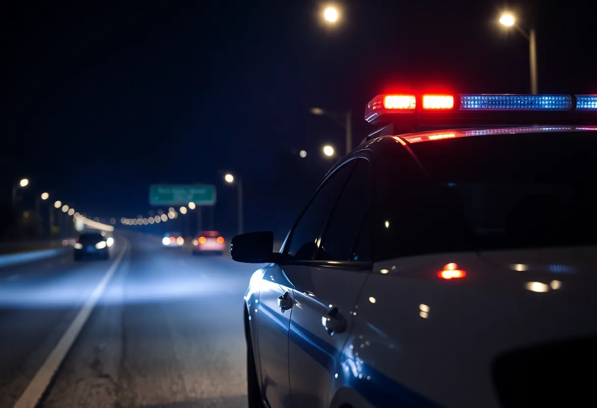 Police car pulled over on a highway at night