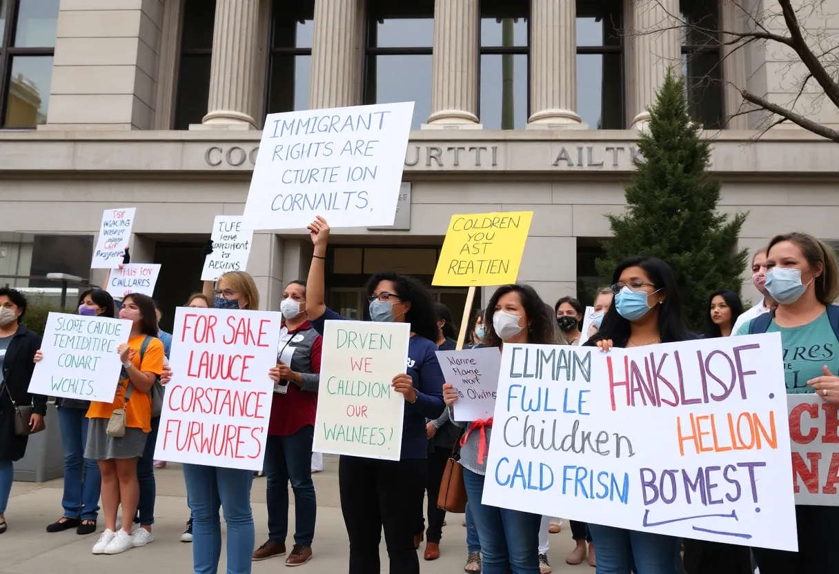 Advocates rallying outside a courthouse for immigrant rights.