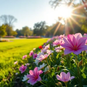 A peaceful landscape with flowers symbolizing remembrance.
