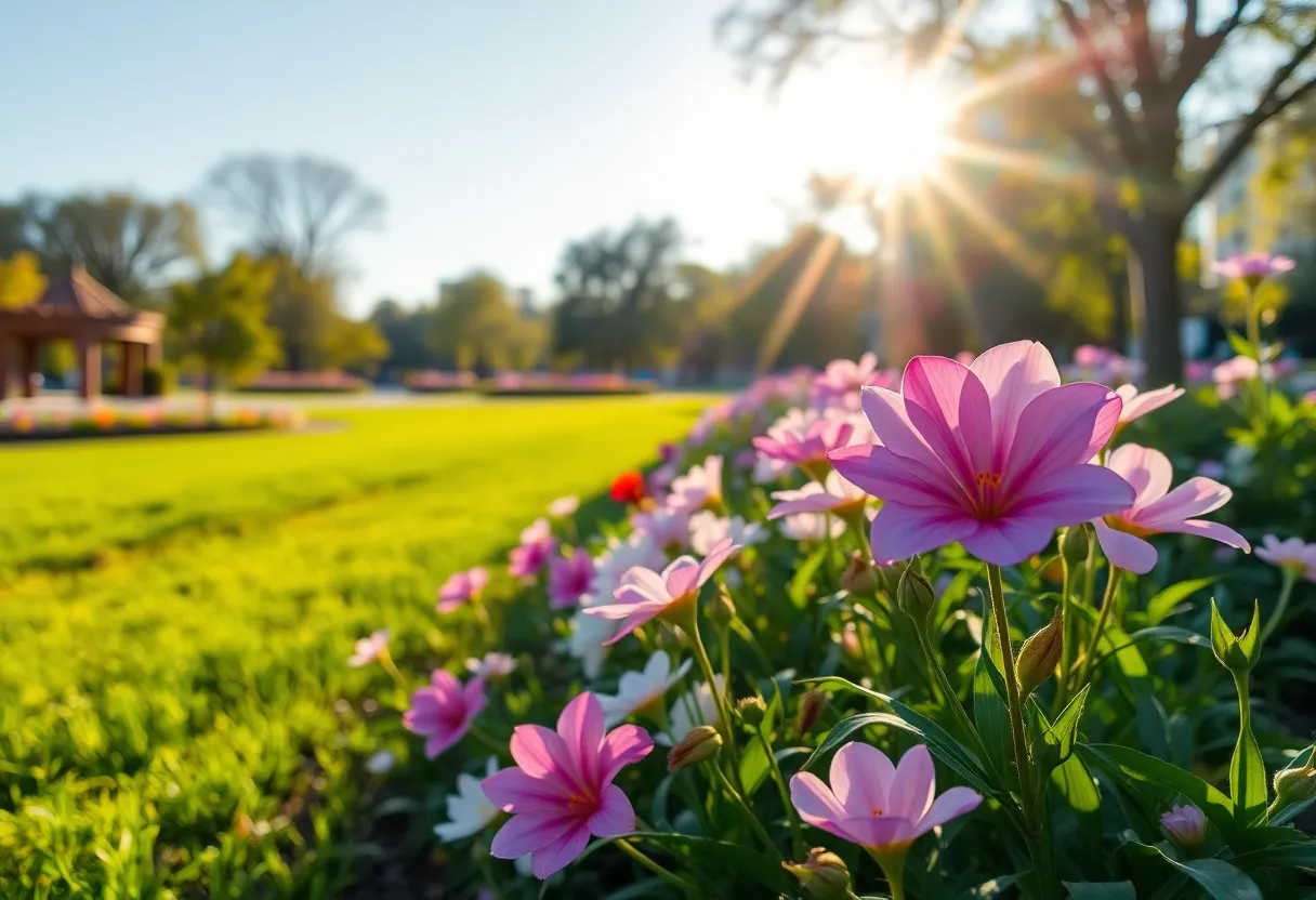 A peaceful landscape with flowers symbolizing remembrance.