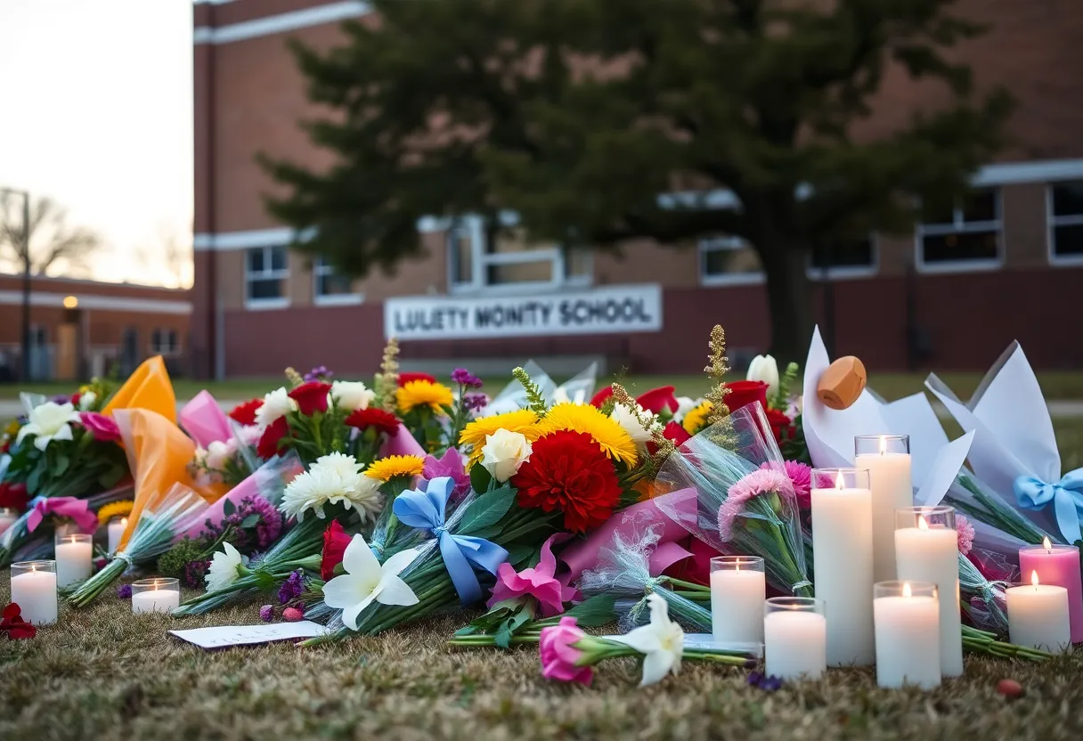 Candles and flowers at a memorial outside Roosevelt High School