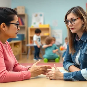 Parents and educators discussing child safety in a preschool environment