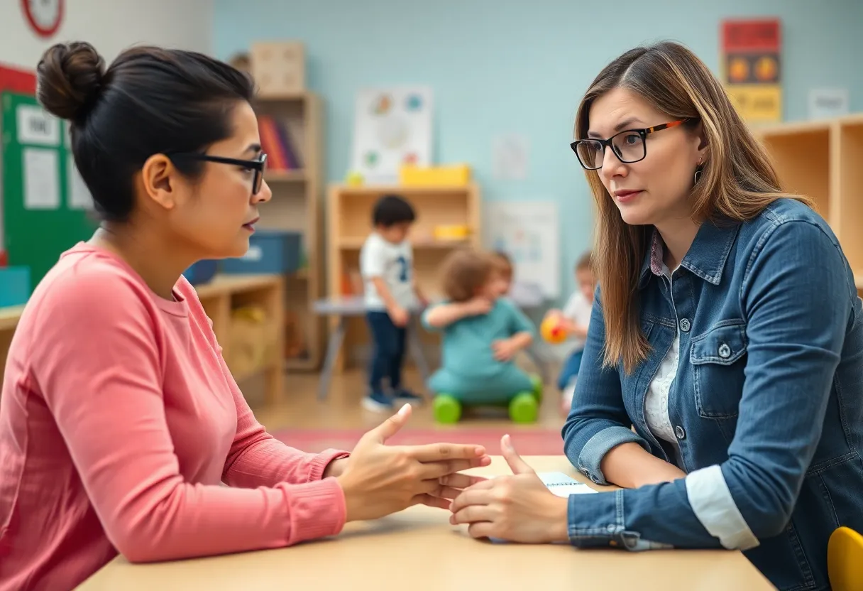 Parents and educators discussing child safety in a preschool environment