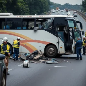 Emergency responders at the scene of a bus crash on Interstate 35, with debris scattered across the highway.