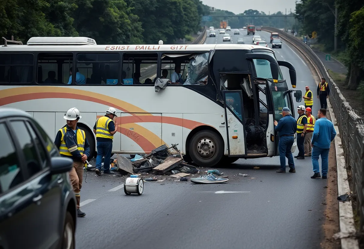 Emergency responders at the scene of a bus crash on Interstate 35, with debris scattered across the highway.